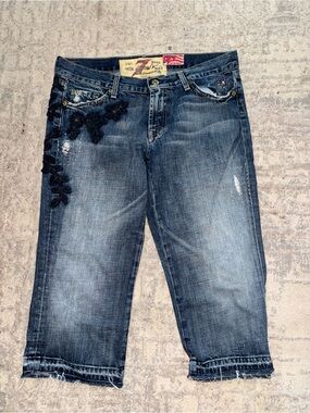 7 For All Mankind Dark Blue Denim Embroidered Jean Shorts
